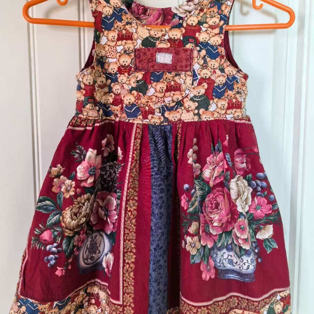 Vintage Teddy Bear Print Kids Dress - Multicolor
